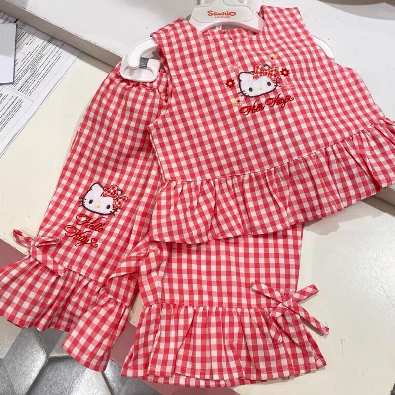 Girls Summer Suit 2025 New Baby Girl Kt Cat Plaid Lace Vest Top Casual Pants Two-Piece Set