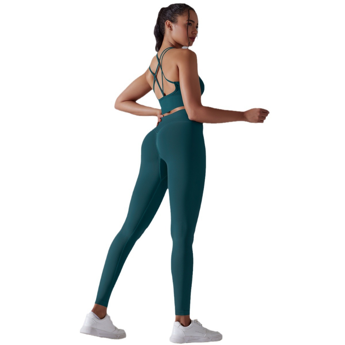 Transfronterizo europeo y americano nuevo punto sin costuras color sólido espalda apretada cintura alta ropa de yoga traje correr fitness traje de dos piezas