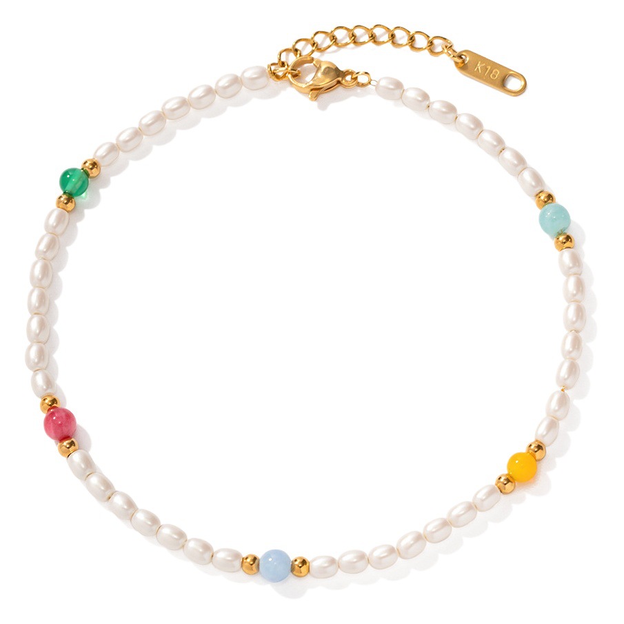 Europeo y americano INS18K oro acero inoxidable + piedra natural de colores + vidrio perla cuentas tobillos de titanio acero no se desvanece tobillos
