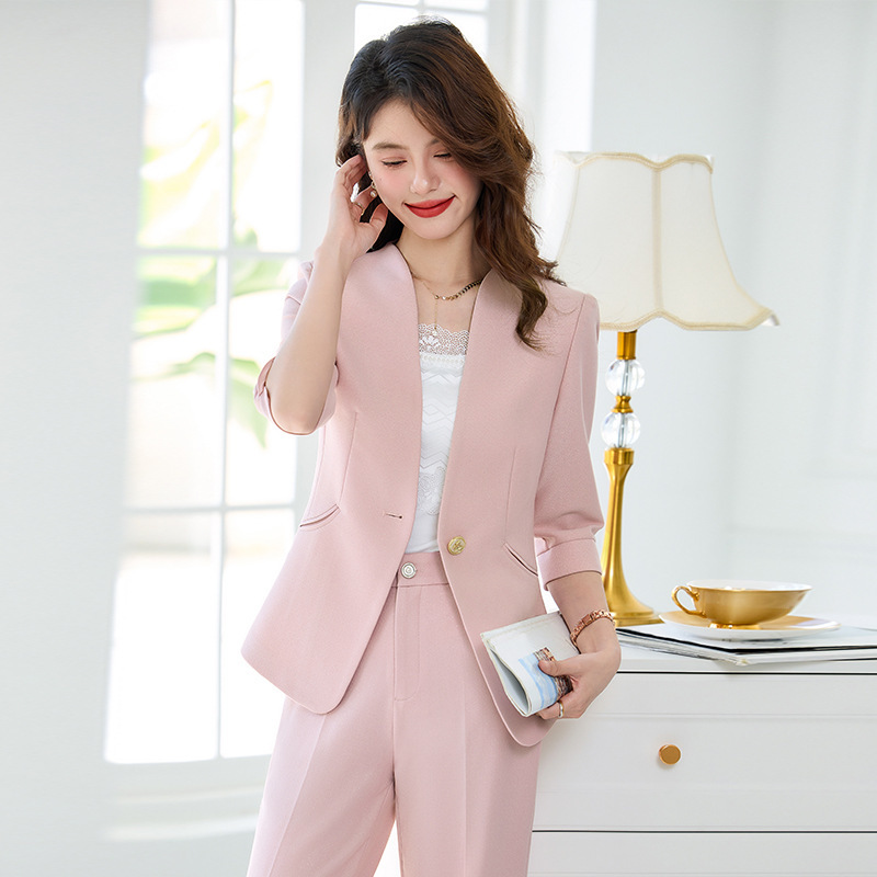 Fashionable Korean-style Elegant Seven-point Sleeve Small Suit Jacket Collarless 2025 Summer Commuter One-button Slim-fit Professional Jacket