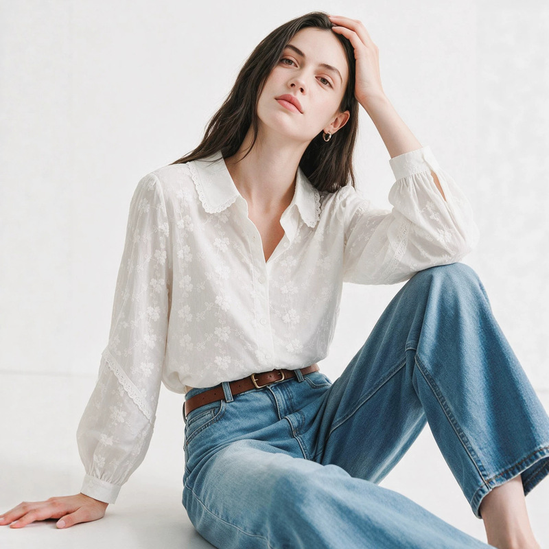Women's long-sleeve collared shirt, 2026 autumn collection, lace embroidered top, elegant and slimming blouse Women's long-sleeve collared shirt, 2026 autumn collection, lace embroidered top, elegant and slimming blouse
