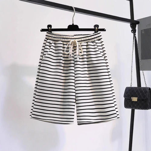 Cross-border wholesale black and white striped women's summer new five-inch wide-leg pants casual running sporty hot pants Ins