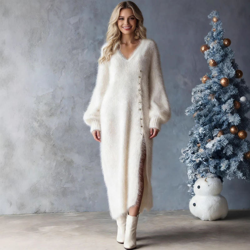 European and American Tk Cross-Border Independent Website 2026 Autumn and Winter V-Neck Loose Slit Dress Elegant Plus-Size Women's Mid-Length Dress European and American Tk Cross-Border Independent Website 2026 Autumn and Winter V-Neck Loose Slit Dress Elegant Plus-Size Women's Mid-Length Dress