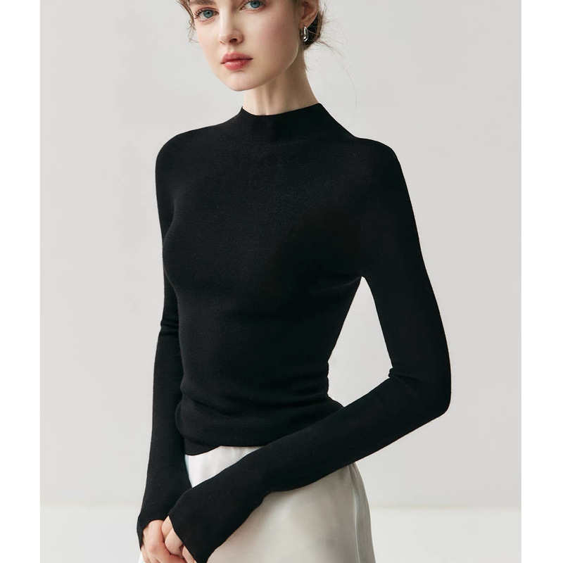 Machine Washable Seamless One-Line Worsted Wool Knitwear Women's Half Turtleneck Knitwear with Slim Bottoming Shirt Top