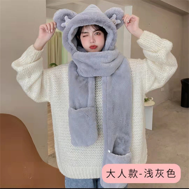 小熊帽子韩版可爱女百搭秋冬季帽子围巾一体保暖手套围脖三件套潮|undefined