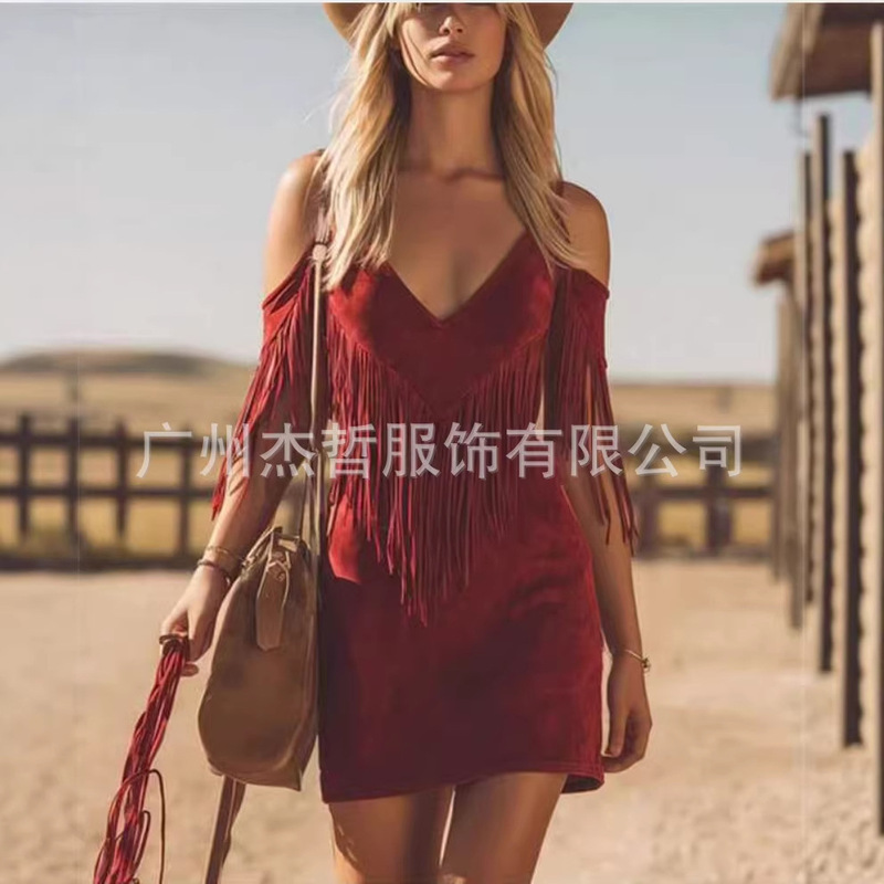2026 Cross-Border European and American Amazon Western Retro Suede Fringe Strap Mini Dress with Waist Cinching 2026 Cross-Border European and American Amazon Western Retro Suede Fringe Strap Mini Dress with Waist Cinching