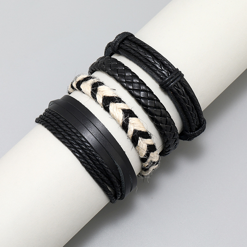 Fashion Cross Letter PU Leather Beaded Unisex Bracelets 4 Pieces