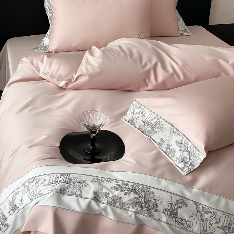 Cama de algodón de fibra larga amigable para la piel 100S retro francés de cuatro piezas de algodón estampado edredón sábana de cuatro piezas de algodón puro