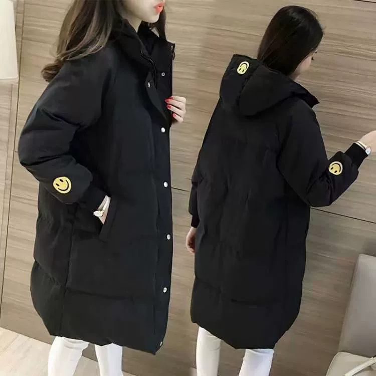 Long warm down jacket with hood, mid-length, Korean style