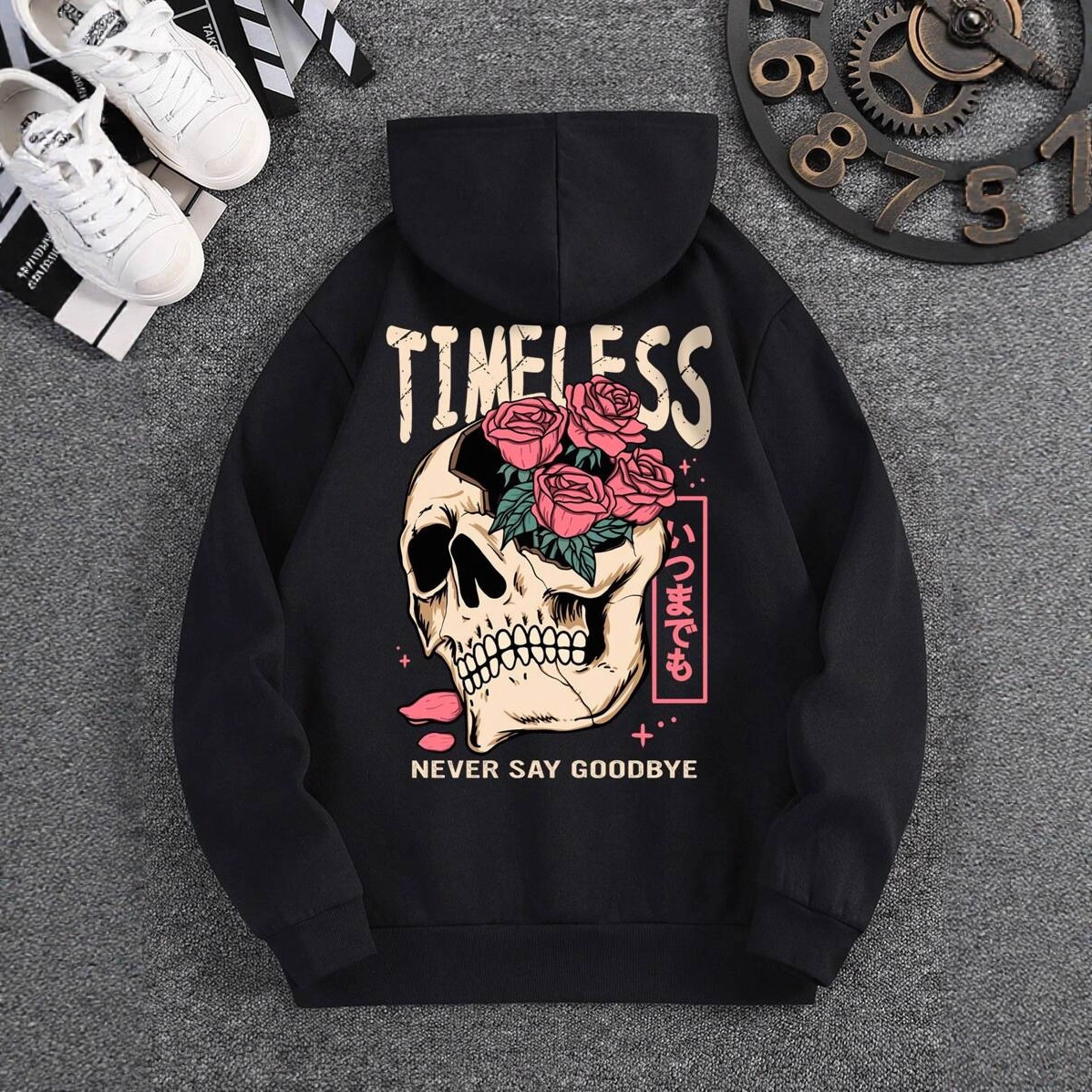 Felpa con cappuccio spessa, nuova, autunno inverno, versatile, ampia, con stampa floreale e teschio, per donna_voghion.com