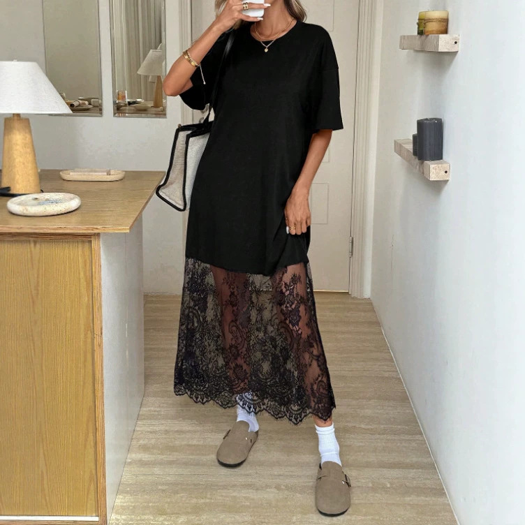 Solid color loose-fitting knitted and lace patchwork round-neck short-sleeve dress, tight-fitting, suitable for home and travel (without belt) Solid color loose-fitting knitted and lace patchwork round-neck short-sleeve dress, tight-fitting, suitable for home and travel (without belt)