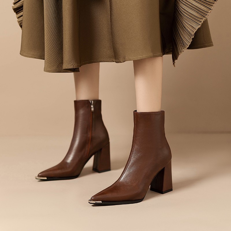 ShoeVault Pointed High For Women 2024 Soft Leather Autumn Winter New Metal Toe Martin Chunky Heel Ankle Single Boots_vogvips.com