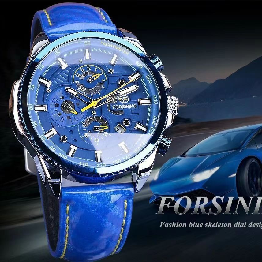 Una generación impermeable FORSINING tres ojos y seis agujas reloj mecánico automático para hombre reloj para hombre reloj con correa de acero