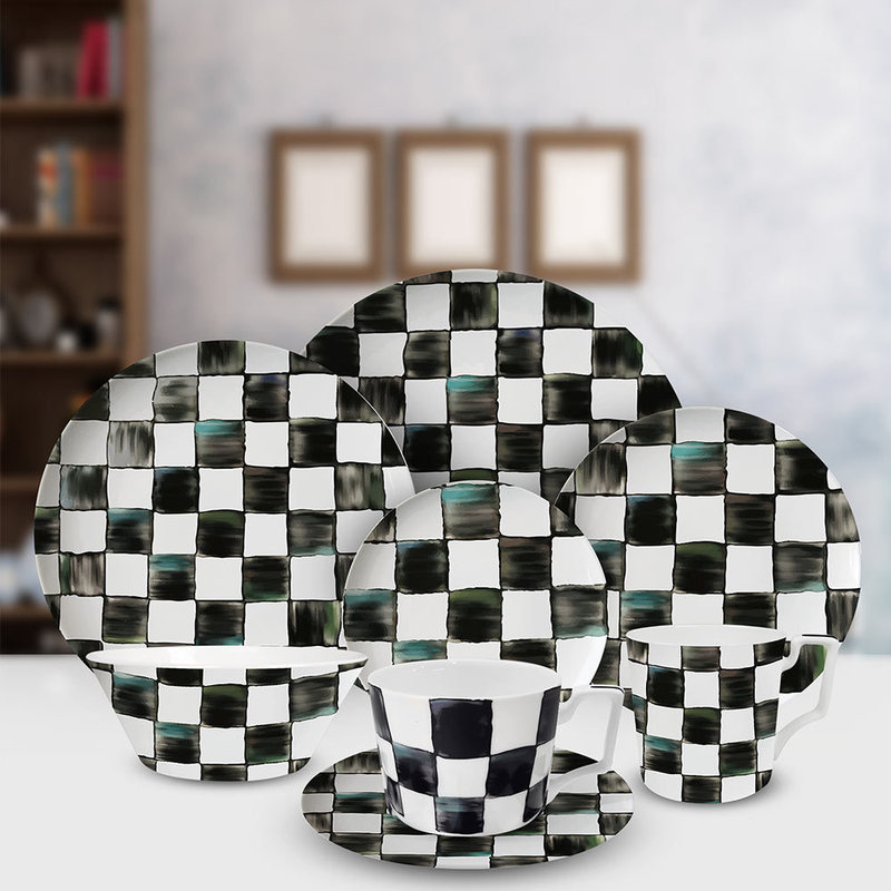 2023 foreign trade hot ink black and white chessboard plaid western food plate football creative ceramic dessert cake plate