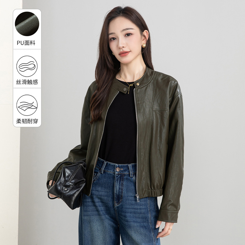 Xingge Early Autumn Retro Dark Green Leather Jacket for Women, Short Loose Fit, Drop Shoulder, Petite, Height-Enhancing, Versatile Commuter Biker Jacket