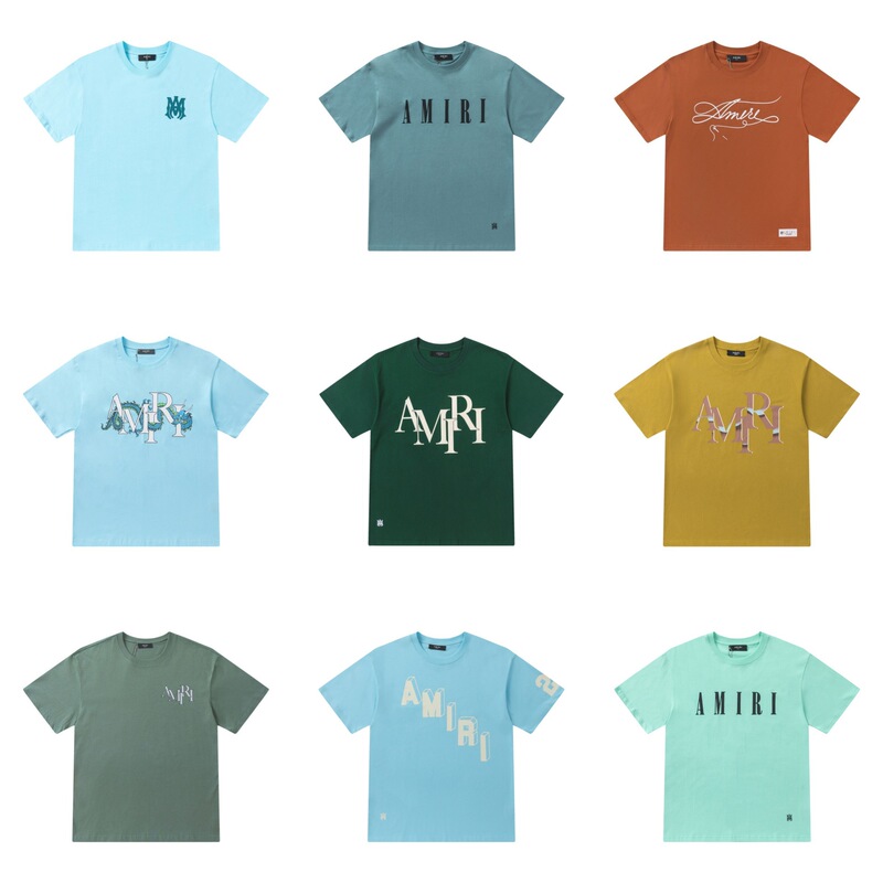 Cross-border Explosions AMIRI Dopamine Color Matching Men's and Women's Letter Printing Pure Cotton Double Yarn Breathable Round Neck Short-sleeved T-shirt