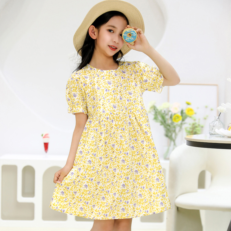 2024 Summer Girls Mori Style Fresh Style Floral Dress Girls Fashionable Sweet Cute Puff Sleeve Princess Dress