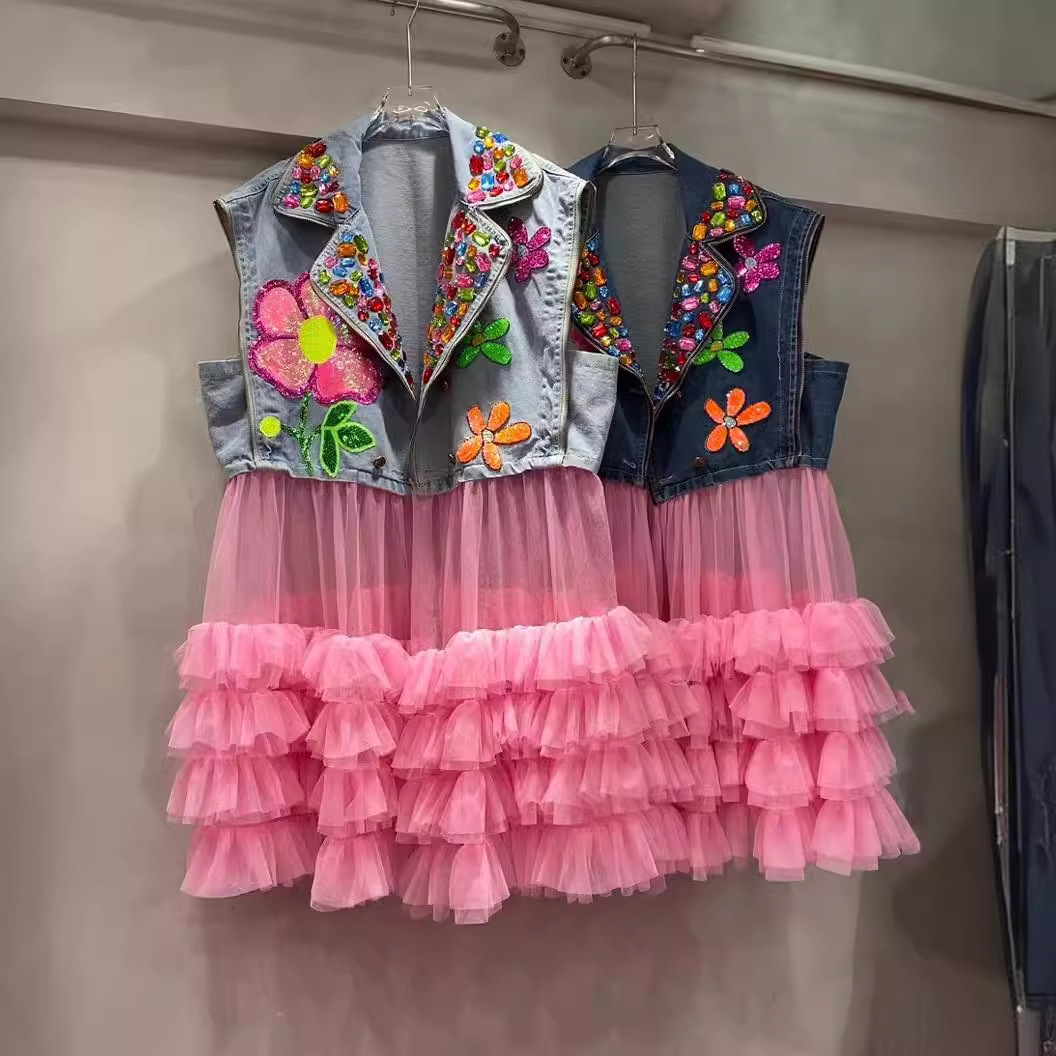 Marca de moda tailandesa 2024 primavera y verano nuevo hilo de malla de flores empalmado chaleco de vaquín de mujer chaqueta de cuentas personales image 4