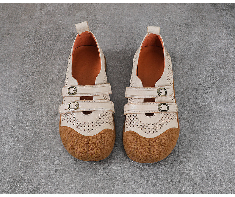 Sandal nữ da bò thật phong cách cổ điển, đế bệt, mũi kín, thiết kế thoáng khí họa tiết rỗ — màu nâu chi tiết 14