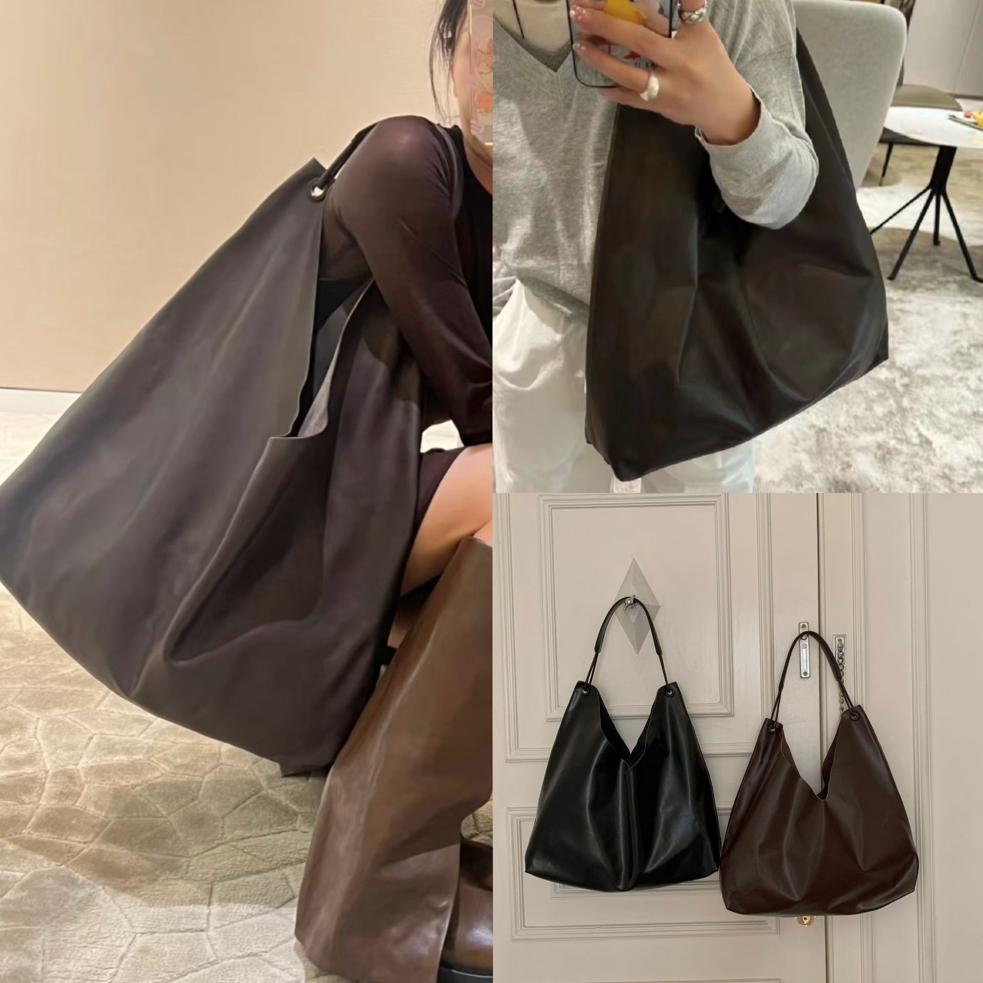 New Niche Row Genuine Leather Shoulder Bag Bindle Tote Bag Large Capacity Casual Commuter Cowhide Handbag For Women