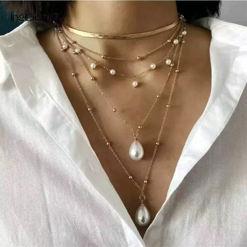 跨境新品波西米亚choker女金属饰品 多层刀片链铜珠珍珠吊坠项链