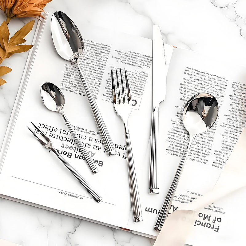 Roman Column Handle 304 Stainless Steel Western-Style Knife, Fork, and Spoon Set for Home and Hotel Use, High-End Steak Knife, Dessert Cutlery