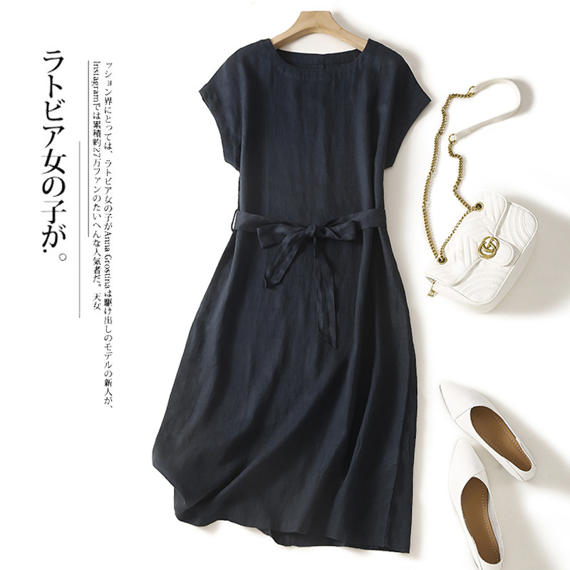 プラスサイズのコットンとリネンのドレス女性の夏服 2025 新しい若い母親のハイエンドの気質西洋スタイルスリムリネンスカート|undefined