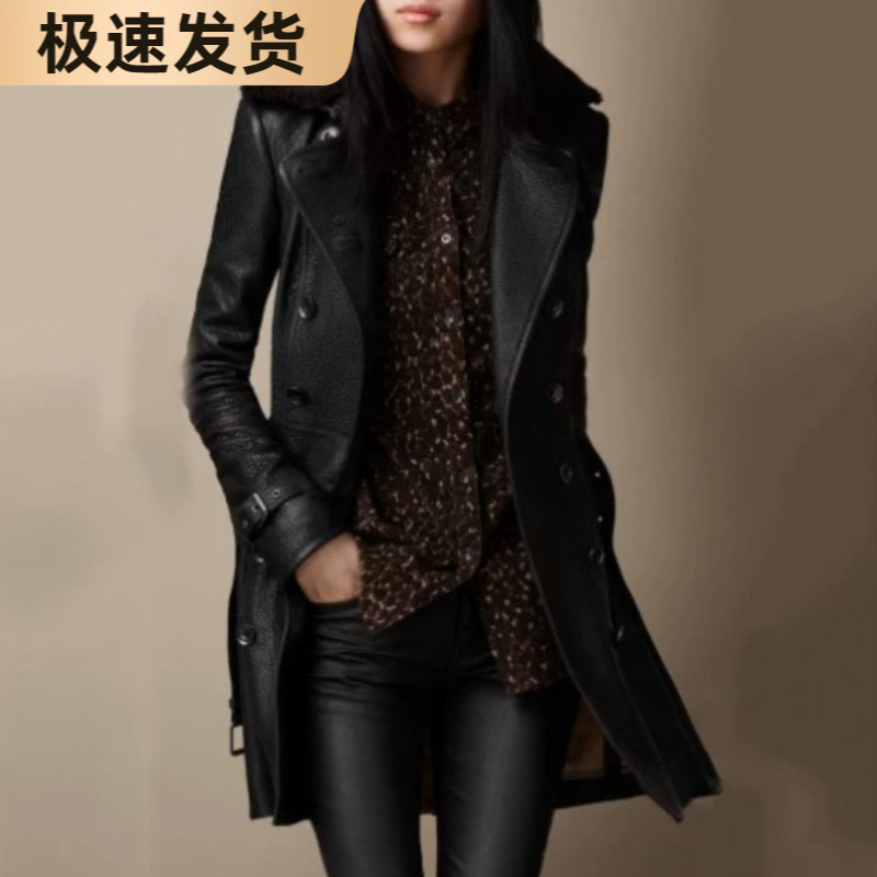 2025 Cross-Border European and American Women's Fur Collar Leather Jacket, Mid-Length Biker Thick Leather Fashion Jacket, Slim Fit Coat