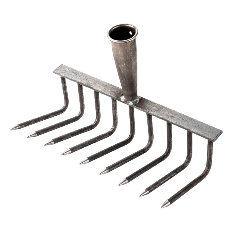 Rastrillo de clavos de acero engrosado Rastrillo de hierro multidentado agrícola Rastrillo multifuncional de acero al manganeso Rastrillo de vuelco con pasto, suelo suelto, forjado con dientes planos