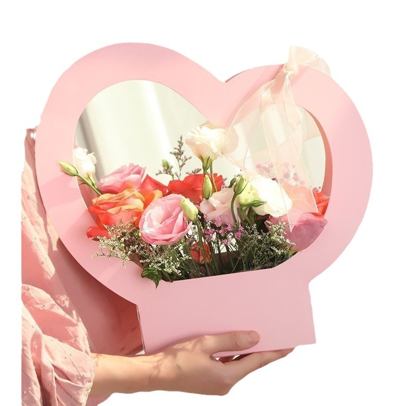 Cesta de flores portátil coreana creativa, caja de regalo en forma de corazón festivo, caja de papel, caja de embalaje de arreglos florales al por mayor, bolsa de caja de flores
