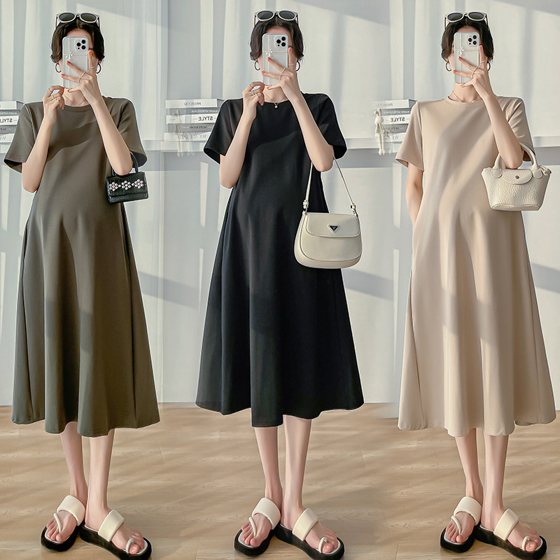 Summer New Style Simple and Elegant Maternity Professional Plus-Size Pleated Waist-Cinching Mid-Length Dress