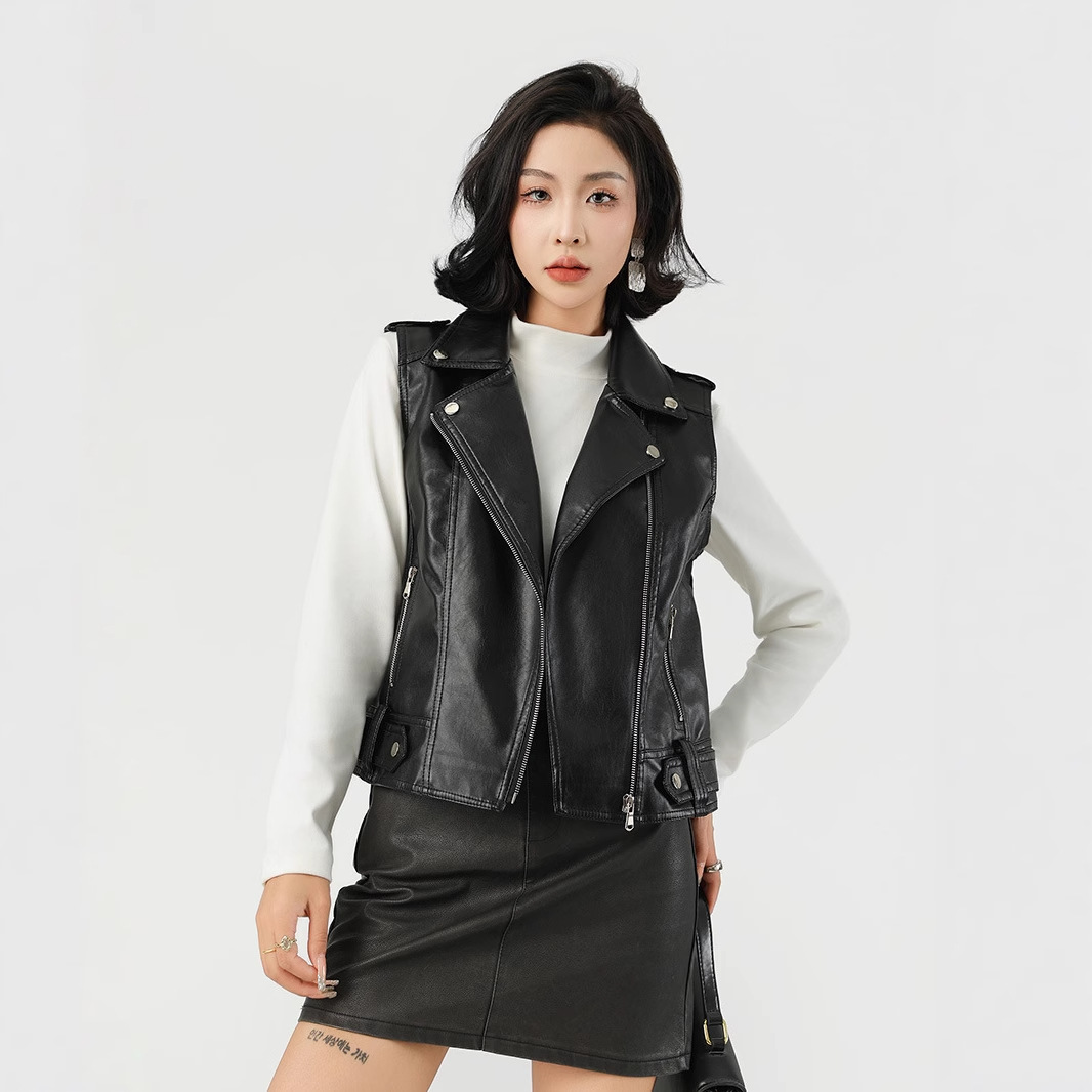 Factory direct wholesale, in stock, cross-border e-commerce, new and versatile European and American style women's PU leather vest, Amazon.