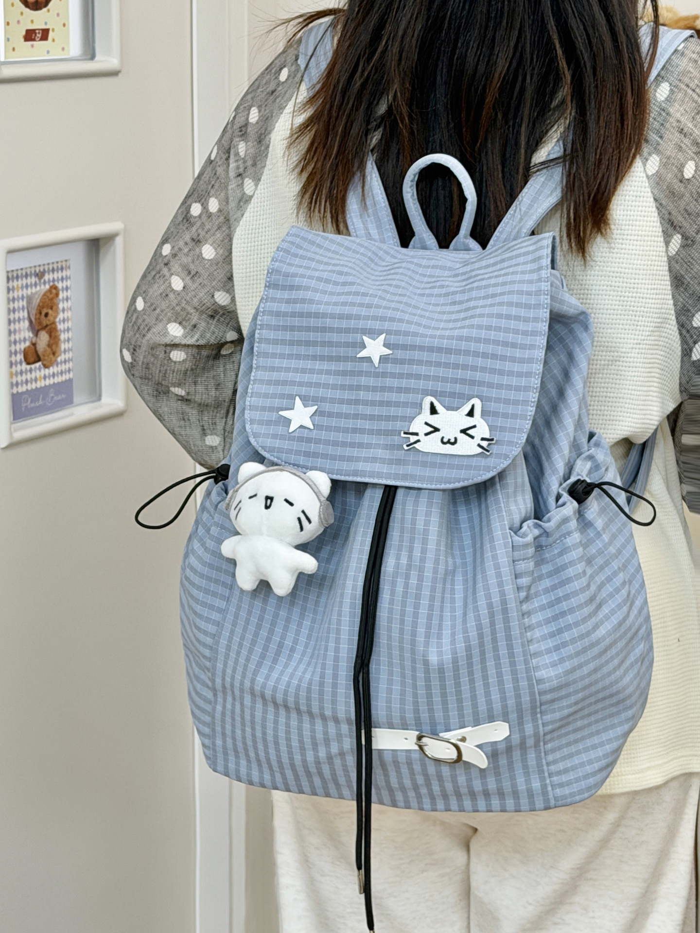 New Cute Cartoon Plaid Kitten Backpack for Female Middle and High School Students, Lightweight Drawstring Casual Backpack