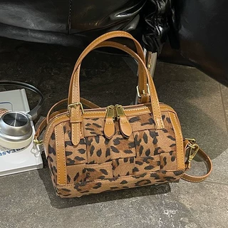 美拉德麂皮绒豹纹枕头包韩系复古时尚斜挎包时髦精致波士顿小包包