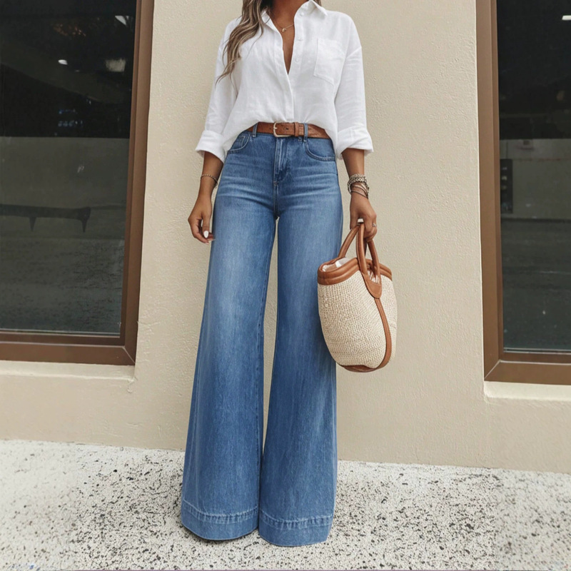 Cross-Border New European and American Fashion Retro Washed Wide-Leg Jeans, Loose-Fitting, Slimming, and Height-Enhancing Jeans