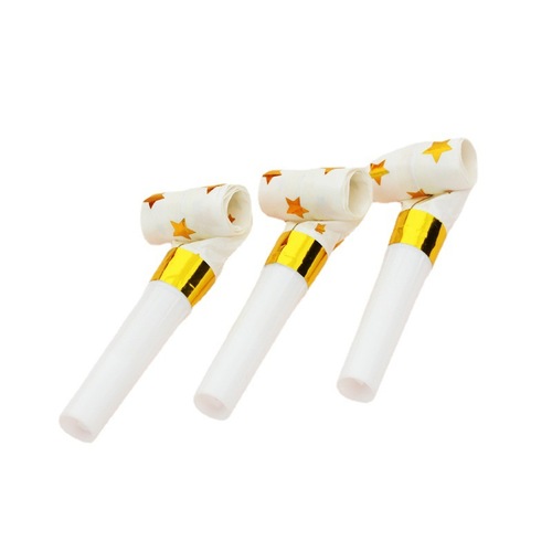 Manufacturer wholesale 6.5 cm hot stamping blow roll golden children's birthday party trumpet toy paper blow dragon whistle