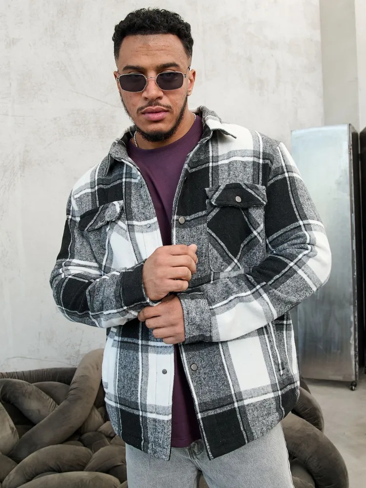 Men's Clothing flannel long sleeved lapel plus velvet warm loose fitting pocket men's jacket_voghion.com