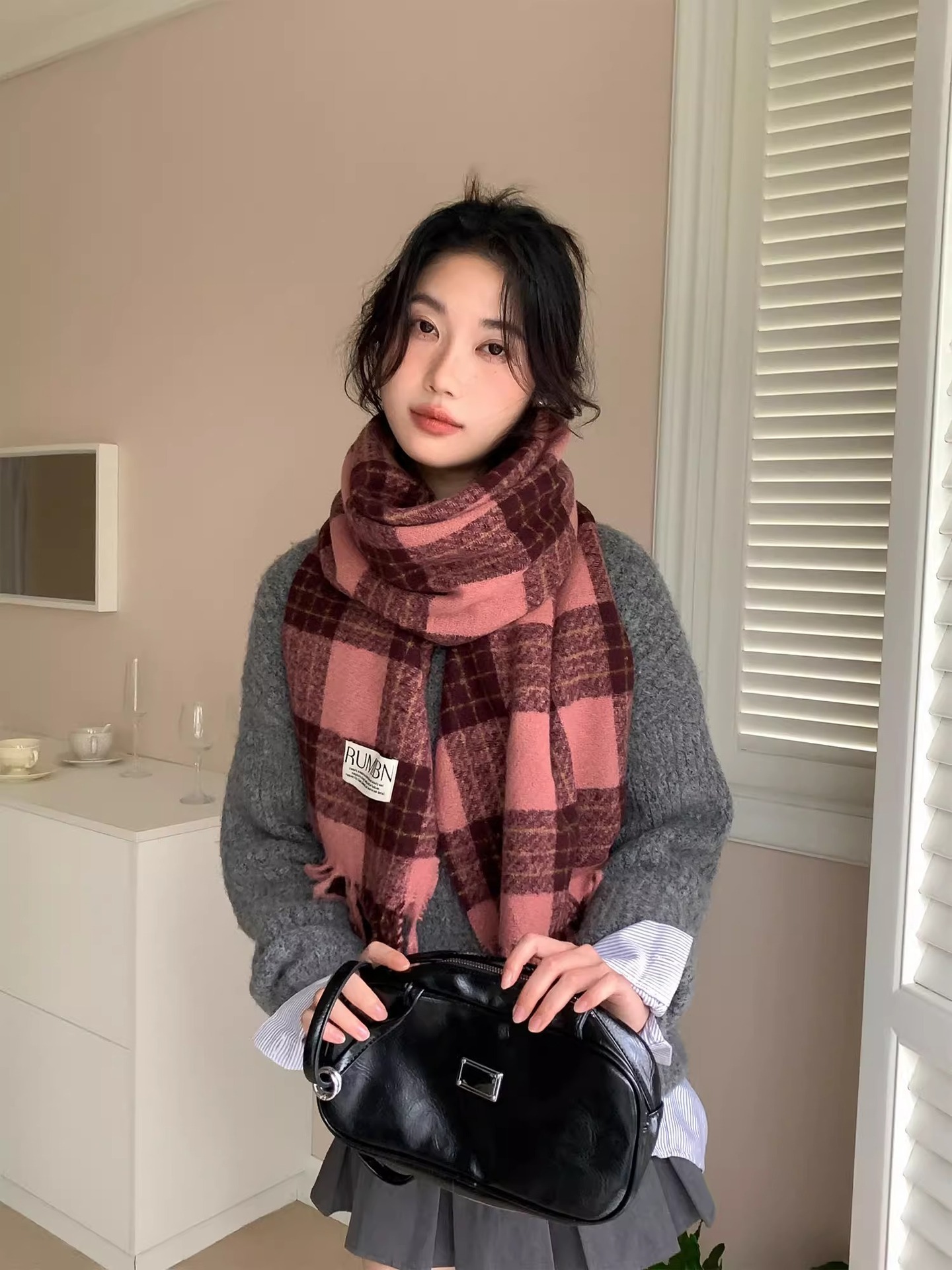 Red Checkered Scarf For Women Warm Winter Autumn Accessory_voghion.com