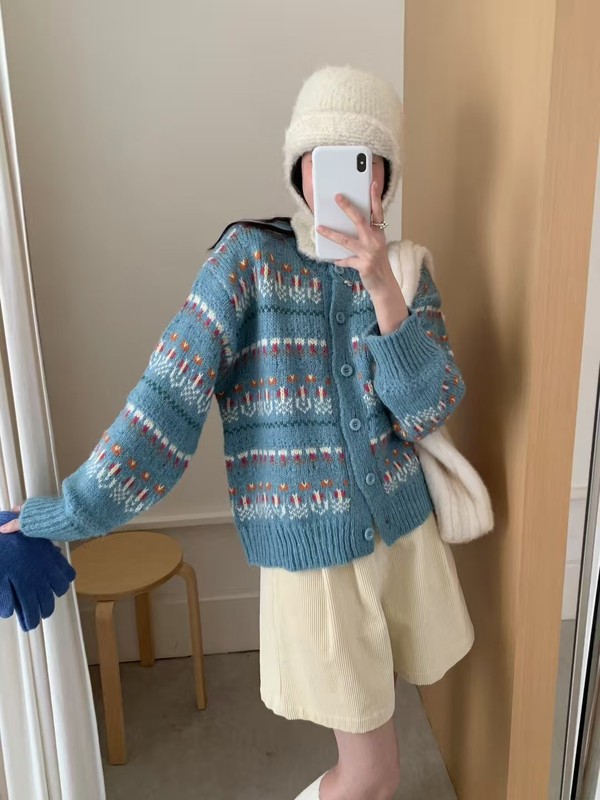 复古提花毛衣外套女2025新款韩系早秋穿搭慵懒针织开衫上衣|undefined