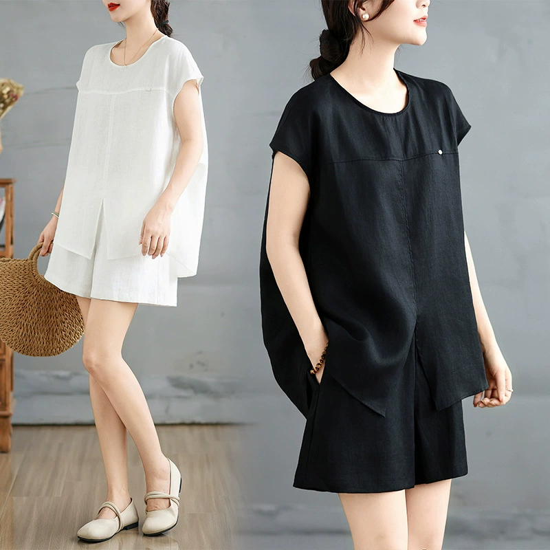 3724 Европейский летний новый стиль, простой и модный хлопковый и льняной жилет с летающими рукавами, рубашка, топ, шорты с эластичной резинкой на талии, костюм для женщин