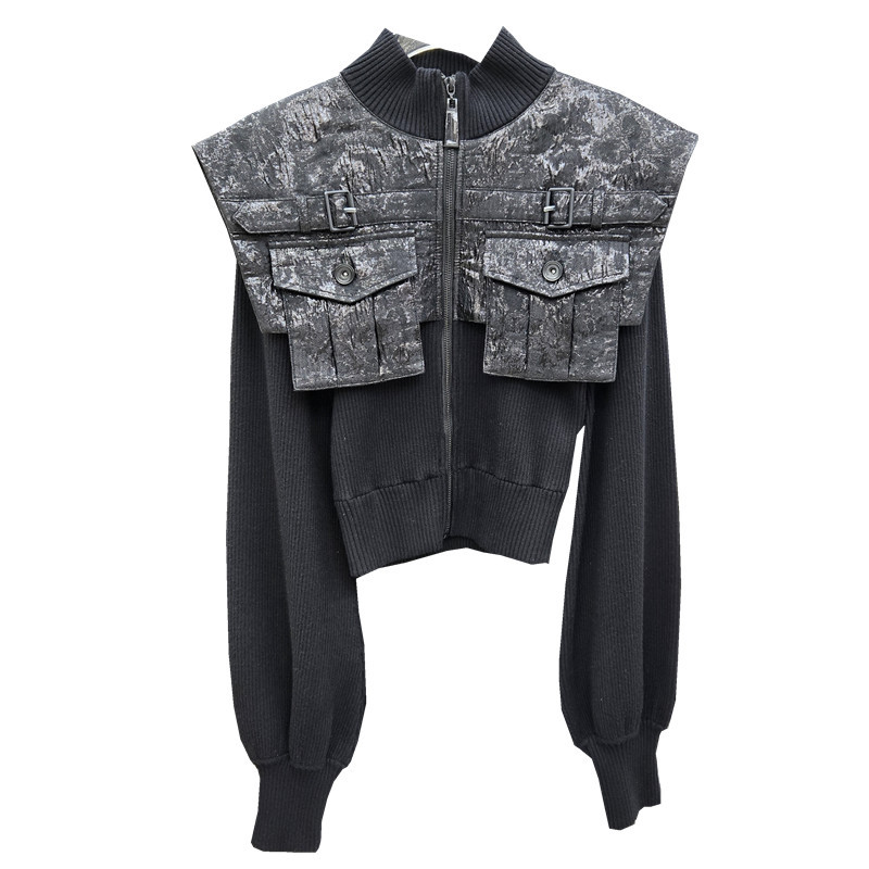 2025 otoño y invierno chaqueta de punto negro para mujeres nuevo diseño de color de contraste temperamento delgado nicho blusa de bolsillo de empalme