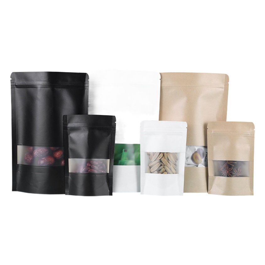 Bolsa de papel Kraft blanco al por mayor bolsa de embalaje de alimentos té auto-permanente bolsa de cremallera ventana transparente esmerilado bolsa de papel Kraft negro