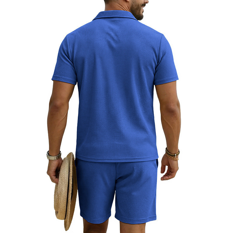Men's Summer Waffle Knit Polo Shirt And Shorts Set, Casual Breathable Comfort Outfit For Daily Wear ​​Lightweight & Quick-Drying Fabric​_viptrois.com