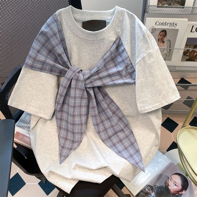 グレーリボンチェック柄ストラップスプライシング半袖Tシャツ女性用2025夏カレッジスタイルデザイン半袖トップ|undefined