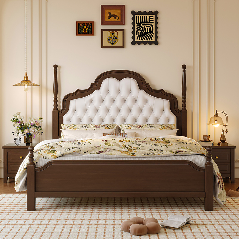 Cama francesa vintage cama de paquete blando Anna cama de madera maciza dormitorio principal color nuez 1.8m estilo medieval americano cama de boda