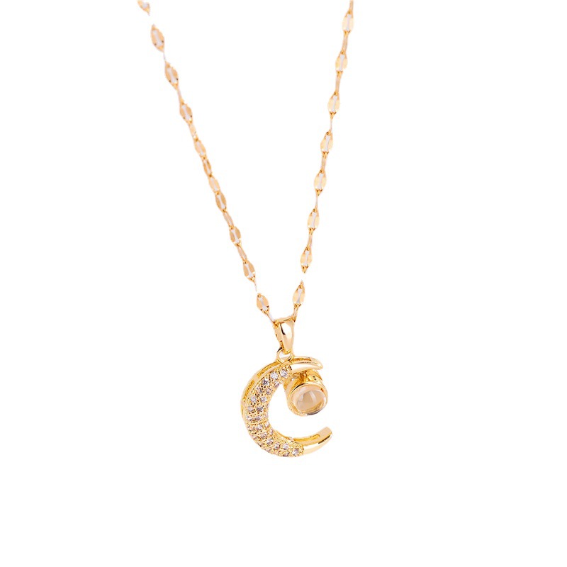 Collier « Je t'aime en cent langues » pour femme, projection de lune, style influenceuse, en titane, polyvalent, à porter au niveau de la clavicule._voghion.com