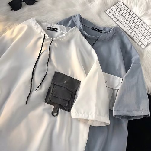 Men's Summer Loose Trendy High Street Pocket T-Shirt with Hong Kong Style Insided-out Drawstring Short Sleeve T-Shirt for Casual Outfits