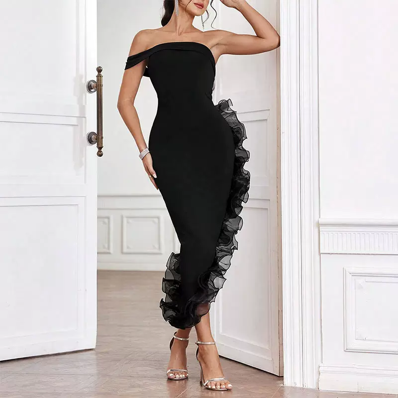 2024跨境夏季女装欧美新款荷叶边不规则包臀性感连衣裙