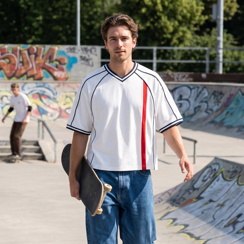 2026 Street Fashion Brand Color-Block Football Sports Jersey T-Shirt for Men, Summer New Loose V-Neck Men's Short Sleeve