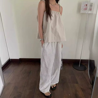玟森online 韩系亚麻慵懒长裤子女装新款条纹松紧腰休闲裤女6972